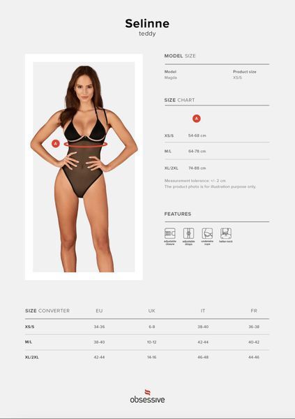 Прозоре боді Obsessive Selinne teddy M/L Black, дрібна сітка, подвійні бретелі SO8665 фото