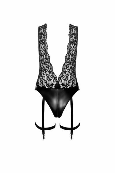 Боді Noir Handmade F297 Libido, L, чорне, мереживо, низ під латекс, відкритий доступ, гартери SX0221 фото