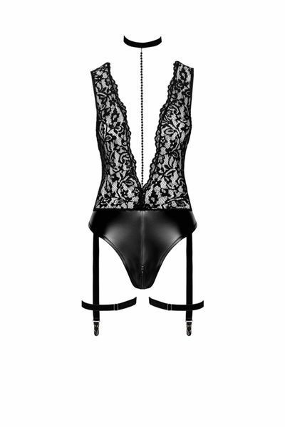 Боді Noir Handmade F297 Libido, L, чорне, мереживо, низ під латекс, відкритий доступ, гартери SX0221 фото